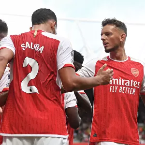 Arsenal Celebrate First Goal: Saliba, White, and Nketiah vs. Nottingham Forest (2023-24)