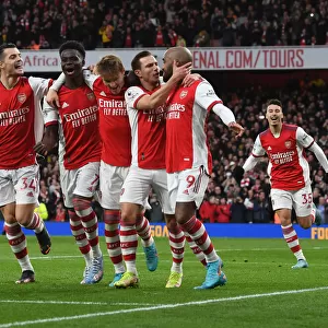 Arsenal Celebrate Lacazette's Goal: Xhaka, Saka, Odegaard, Cedric