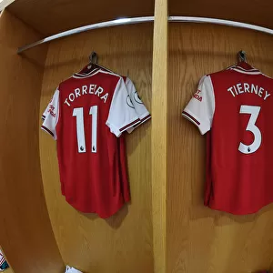 Arsenal FC: Torreira and Tierney's Shirts in the Changing Room before Arsenal v AFC Bournemouth (2019-20)