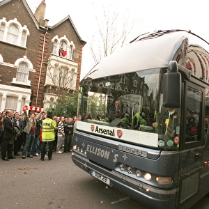 The Arsenal Team Coach arrives outside the East Stand on Avenell Road