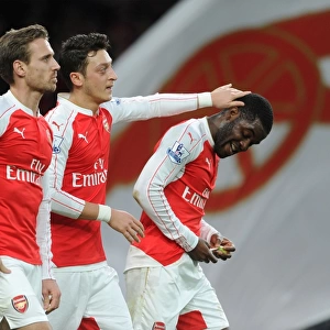 Arsenal Triumph: Campbell, Ozil, Monreal Celebrate Goal Against Sunderland (Premier League 2015-16)