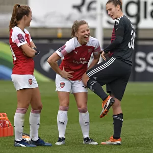 Arsenal Women vs. Birmingham Ladies: A Light-Hearted Moment Between Teammates Lia Walti, Tabea Kemme, and Ann-Katrin Berger