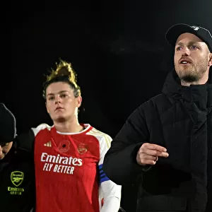 Arsenal Women's Manager Jonas Eidevall Interacts with Players after Conti Cup Match vs. Bristol City