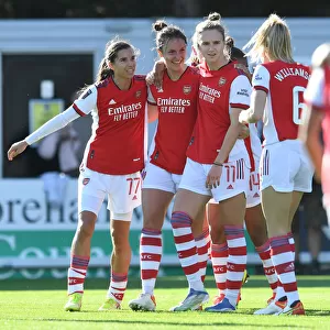 Arsenal Women's Super League Victory: Lotte Wubben-Moy Scores Second Goal Amidst Celebrations with Tobin Heath and Vivianne Miedema