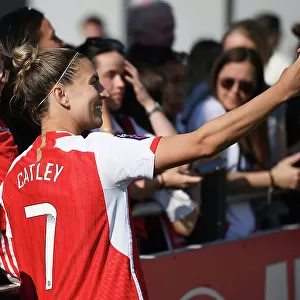 Arsenal Women's Victory: Steph Catley Celebrates with Fans after Arsenal v Aston Villa (2022-23)