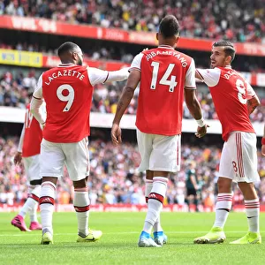 Arsenal's Aubameyang, Lacazette, and Ceballos Celebrate Goals Against Burnley (2019-20)