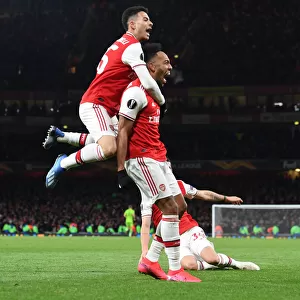 Arsenal's Aubameyang and Martinelli Celebrate Goal vs Olympiacos in Europa League