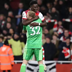 Arsenal's Bukayo Saka and Aaron Ramsdale Celebrate Goal vs. Wolverhampton Wanderers (Premier League 2021-22)