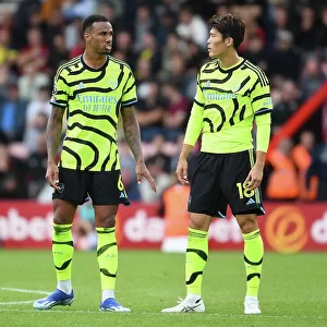 Arsenal's Gabriel and Tomiyasu in Deep Conversation during AFC Bournemouth Clash (2023-24)