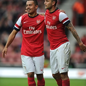 Arsenal's Henri Lansbury and Nico Yennaris Celebrate Goal Against Anderlecht (2012-13 Pre-Season)