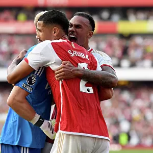 Arsenal's Historic Win: Magalhaes, Ramsdale, and Saliba Celebrate Over Manchester United in the 2023-24 Premier League