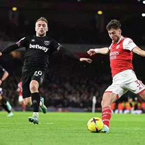 Arsenal's Kieran Tierney in Action: Arsenal vs West Ham United (Premier League 2022-23)