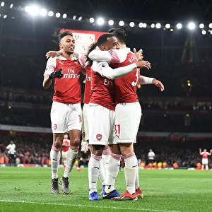 Arsenal's Lacazette, Aubameyang, and Kolasinac Celebrate Goals Against Newcastle United (April 2019)