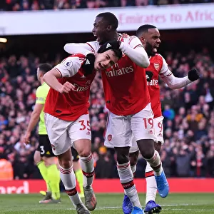 Arsenal's Martinelli, Lacazette, and Pepe Celebrate Goal Against Sheffield United (2019-20)