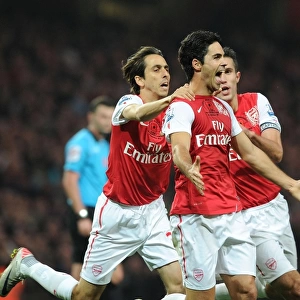 Arsenal's Mikel Arteta, Yossi Benayoun, and Robin van Persie Celebrate Goals Against West Bromwich Albion (2011-12)