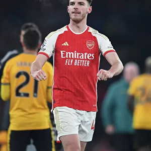 Arsenal's Thrilling Victory over Wolverhampton Wanderers in the 2023-24 Premier League: Declan Rice Celebrates at Emirates Stadium