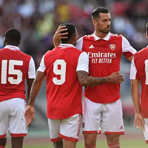 Arsenal's Triple Threat: Mari, Jesus, and Martinelli Celebrate Goals Against 1. FC Nürnberg