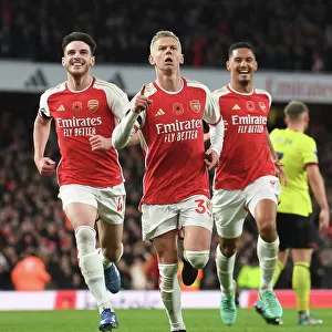 Arsenal's Triumph: Zinchenko, Rice, and Saliba's Epic Goal Celebration (2023-24) - Arsenal's Star Players Rejoice in a Memorable Moment at Emirates Stadium