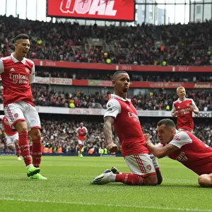 Arsenal's Unstoppable Trio: Jesus, Martinelli, and Xhaka's Goal Celebration in Arsenal's Triumph over Tottenham (2022-23 Premier League)