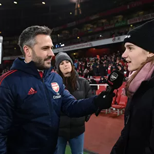 Arsenal's Viviane Miedema Holds Half-Time Interview Amidst Intense Arsenal vs Manchester United Clash (Premier League, 2019-20)