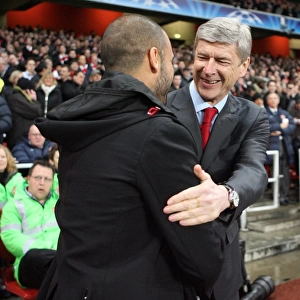 Arsene Wenger the Arsenal Manager shakes hands with Josep Guardiola the Barcelona Manager before the match. Arsenal 2: 2 Barcelona. UEFA Champions League. Quarter Final, 1st Leg. Emirates Stadium, 31 / 3 / 10. Credit : Arsenal Football Club /
