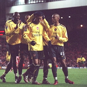 Jeremie Aliadiere is congratulated by Abou Diaby and Armand Traore for setting up Julio Baptista for Arsenals 6th goal. Liverpool 3: 6 Arsenal. Catling Cup 5th Round. Anfield, Liverpool, 9 / 1 / 07. Credit: Arsenal Football Club /