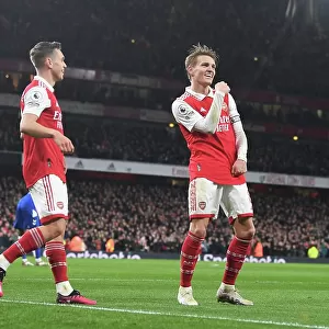 Martin Odegaard and Leandro Trossard Celebrate Arsenal's Third Goal vs. Everton (2022-23)