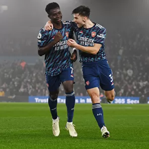 Saka and Tierney Celebrate Arsenal's 3rd Goal vs Leeds United (Premier League 2021-22)