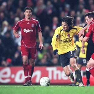 Tomas Rosicky beats Liverpool defender Steve Finan to score the 2nd Arsenal goal