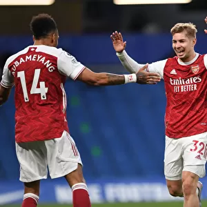 Unstoppable Arsenal Duo: Smith Rowe and Aubameyang Celebrate Goal at Empty Stamford Bridge, 2021 Premier League