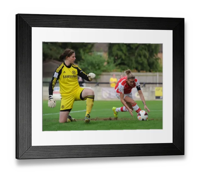 Framed Print : Kelly Smith Scores Penalty Past Marie Hourihan: Chelsea Ladies vs Arsenal Ladies, WSL (2014)