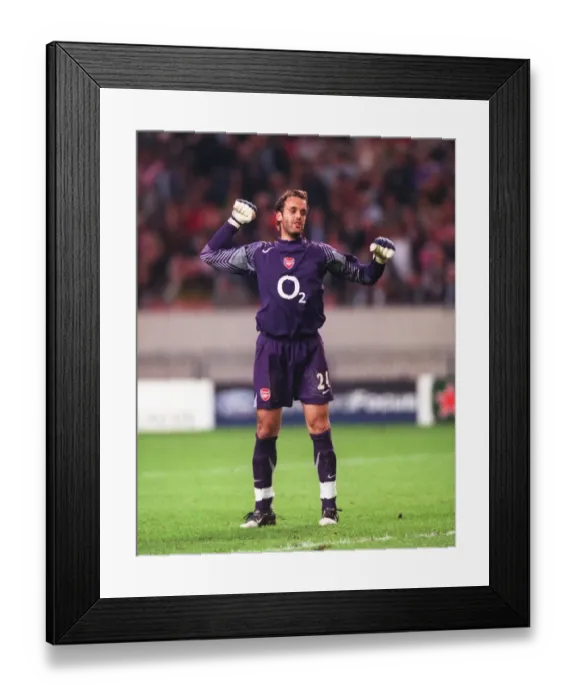 Framed Print : Arsenal goalkeeper Manuel Almunia celebrates after the match Framed Print : Arsenal goalkeeper Manuel Almunia celebrates after the match