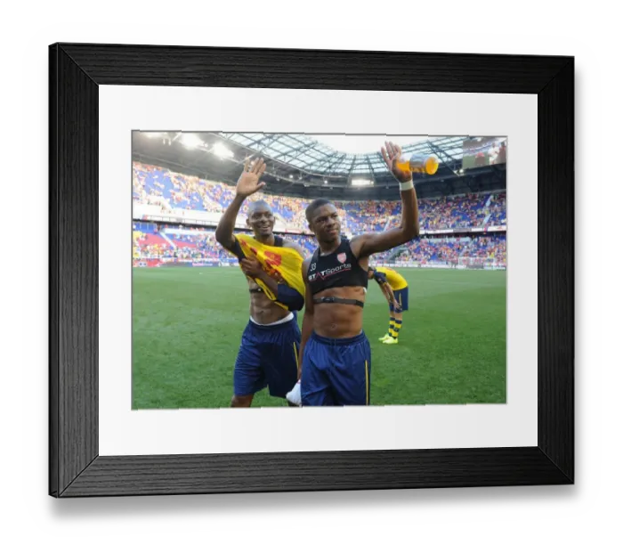 Framed Print : Arsenal Players Abou Diaby and Chuba Akpom Wave to Fans after New York Red Bulls Pre-Season Match Framed Print : Arsenal Players Abou Diaby and Chuba Akpom Wave to Fans after New York Red Bulls Pre-Season Match