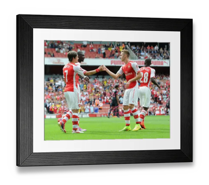 Framed Print : Yaya Sanogo celebrates scoring his 2nd goal with Tomas Rosicky and Calum Chambers Framed Print : Yaya Sanogo celebrates scoring his 2nd goal with Tomas Rosicky and Calum Chambers
