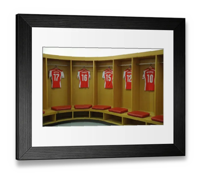 Framed Print : Behind the Scenes: Arsenal Football Club's Changing Room before Arsenal v Benfica (2014-15)
