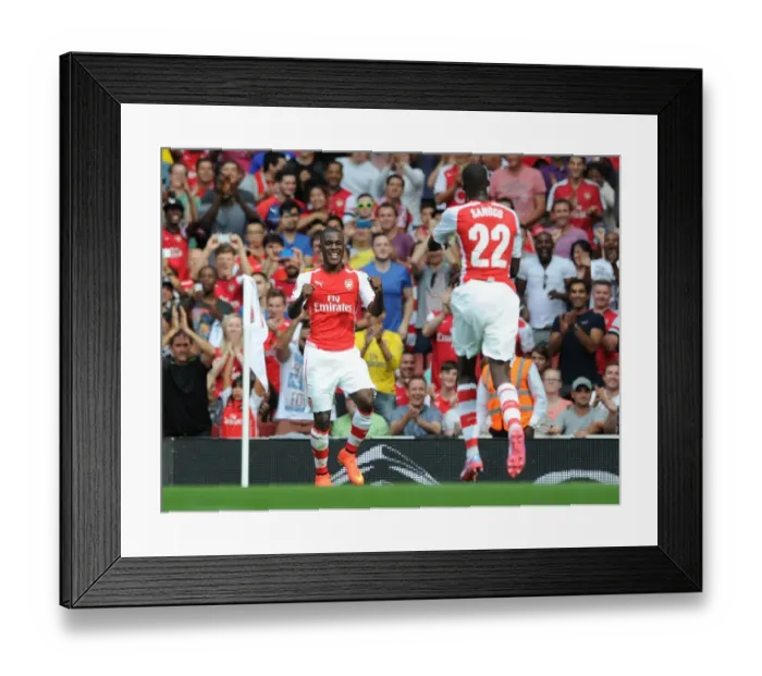 Framed Print : Arsenal's Double Strike: Sanogo and Campbell Celebrate Goals Against Benfica (2014 Emirates Cup) Framed Print : Arsenal's Double Strike: Sanogo and Campbell Celebrate Goals Against Benfica (2014 Emirates Cup)