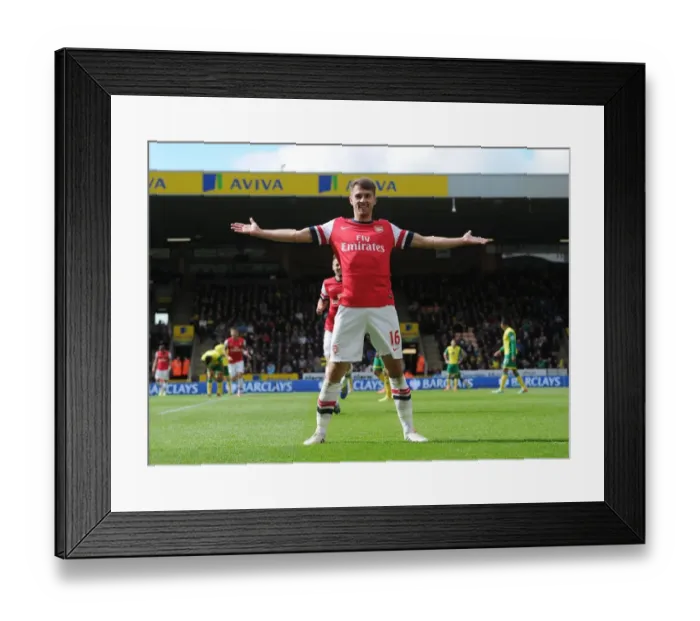 Framed Print : Aaron Ramsey's Euphoric Goal Celebration: Norwich City vs. Arsenal, Premier League 2013-14