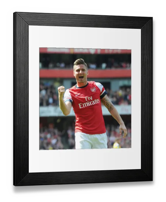 Framed Print : Olivier Giroud's Euphoric Goal Celebration: Arsenal's Victory Against West Bromwich Albion, Premier League 2013-14 Framed Print : Olivier Giroud's Euphoric Goal Celebration: Arsenal's Victory Against West Bromwich Albion, Premier League 2013-14
