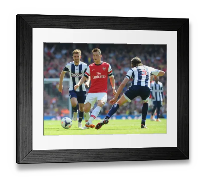 Framed Print : Mesut Ozil Faces Pressure from Morrison and Olsson during Arsenal vs West Bromwich Albion, Premier League 2013-14