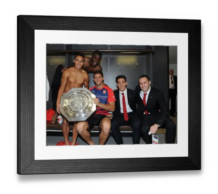 Framed Print : Arsenal's Alexis Sanchez, Joel Campbell, Emiliano Martinez, Hector Bellerin, and David Ospina Celebrate FA Community Shield Victory over Manchester City