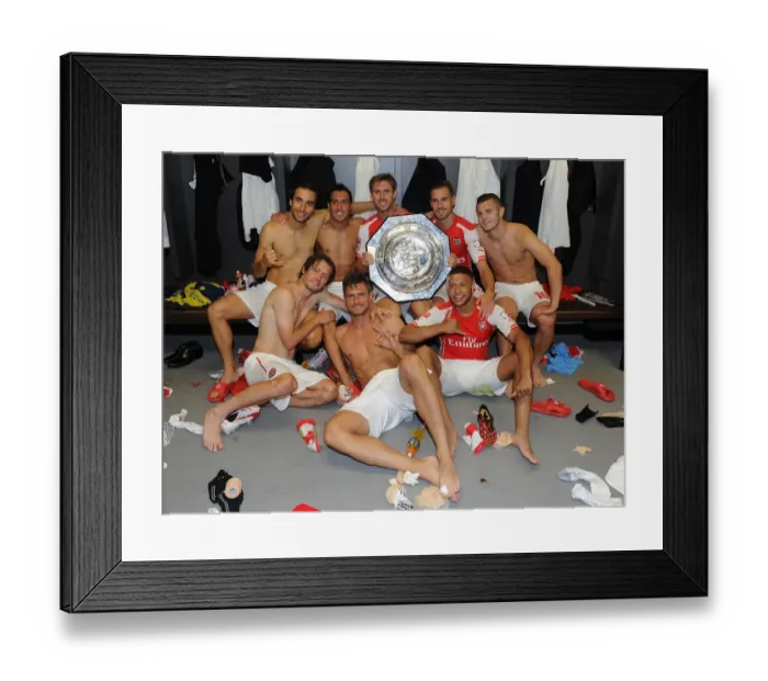 Framed Print : Arsenal's Winning Team: Flamini, Rosicky, Cazorla, Giroud, Monreal, Ramsey, Oxlade-Chamberlain, Wilshere Celebrate FA Community Shield Victory