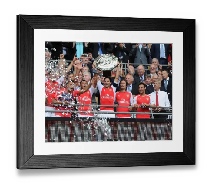 Framed Print : Arsenal's Victory Celebration: Mikel Arteta, Rosicky, Cazorla, Oxlade-Chamberlain, and Wenger at the FA Community Shield 2014 / 15