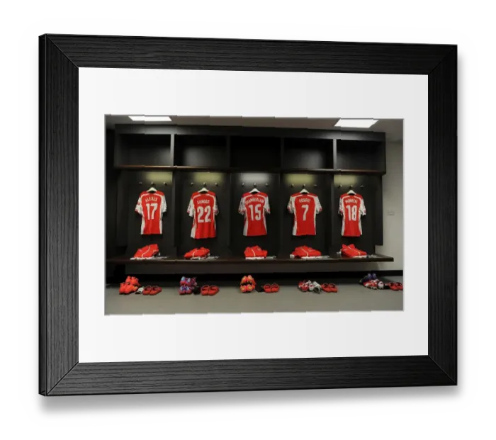 Framed Print : Arsenal FC: Readying for Battle in the FA Community Shield - A Peek into the Team's Changing Room (2014 / 15)