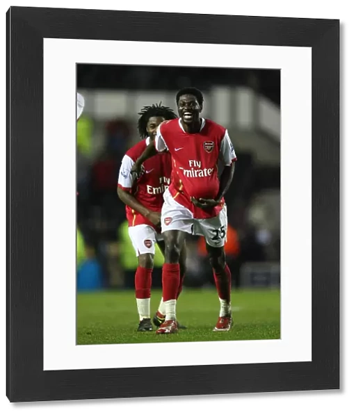 Emmanuel Adebayor (Arsenal) celebrates his three goals after the match