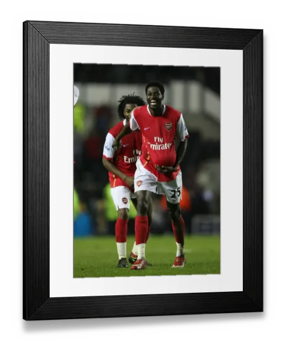 Framed Print : Emmanuel Adebayor (Arsenal) celebrates his three goals after the match Framed Print : Emmanuel Adebayor (Arsenal) celebrates his three goals after the match