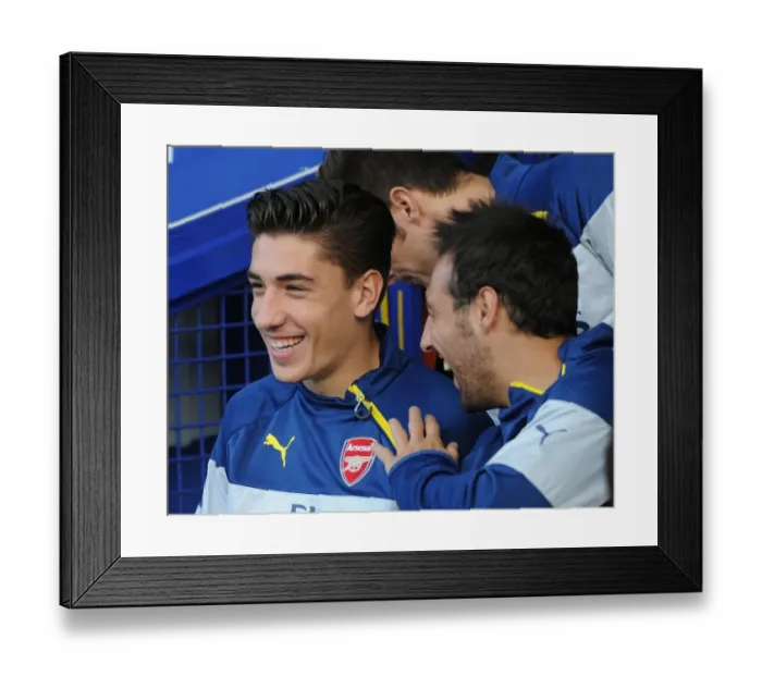 Framed Print : Hector Bellerin and Santi Cazorla on the Arsenal Bench: Everton vs Arsenal, Premier League 2014 / 15