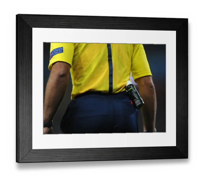 Framed Print : Referee's Spray Can at the Heart of Arsenal vs. Besiktas UEFA Champions League Clash Framed Print : Referee's Spray Can at the Heart of Arsenal vs. Besiktas UEFA Champions League Clash