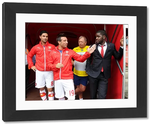 (L-R) Mikel Arteta, Santi Cazorla, Vic Akers (Kitman) and Joel Campbell (Arsenal) before the match
