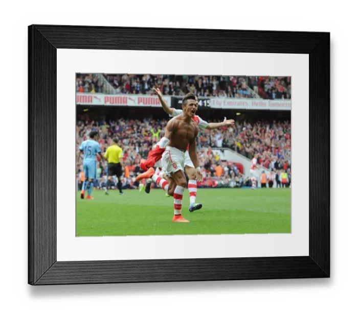 Framed Print : Alexis Sanchez's Celebratory Moment: Scoring Arsenal's Second Goal Against Manchester City (2014-15)