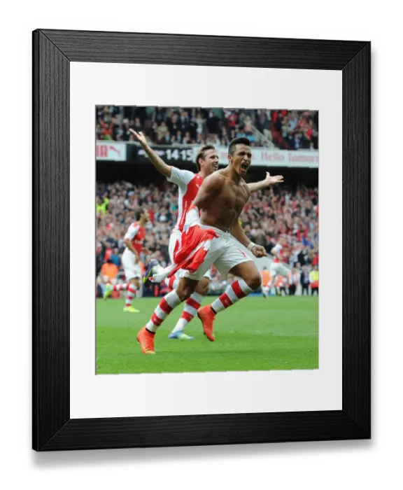 Framed Print : Alexis Sanchez's Celebratory Moment: Scoring Arsenal's Second Goal Against Manchester City (2014-15) at Emirates Stadium